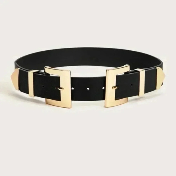 Gold Chunky Double Buckle Black Vegan Leather Wide Waist Corset Belt - Picture 2 of 7